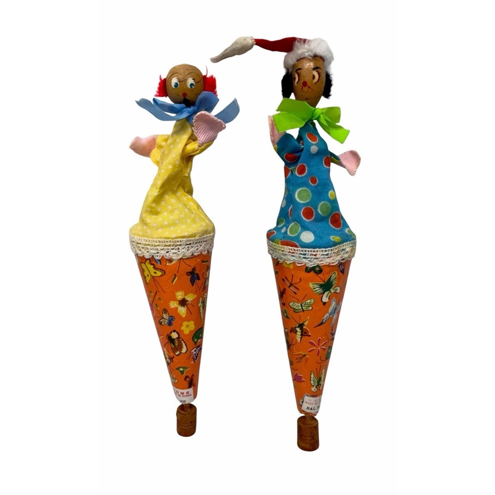 2 Peek A Boo Pop Up Clown Puppet Wooden Stick Cone Vintage Free Shipping